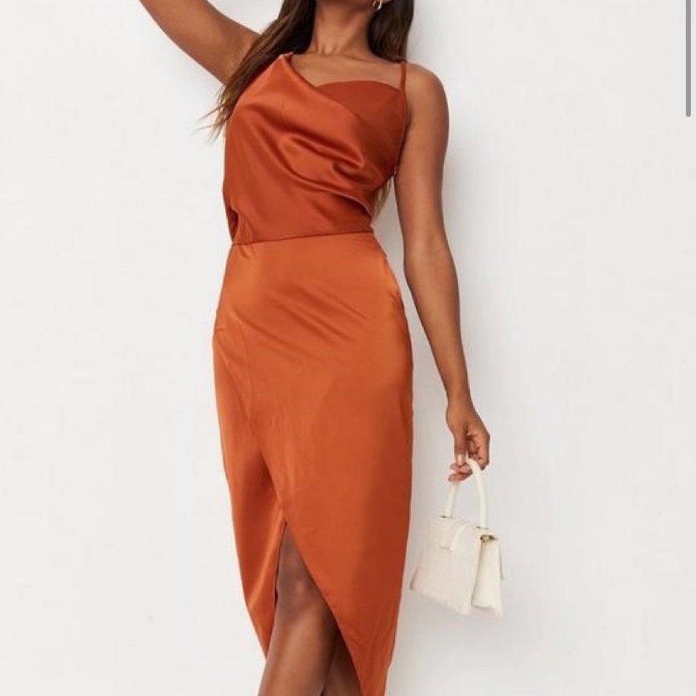 Asymmetrical drape dress in burnt orange from Missguided